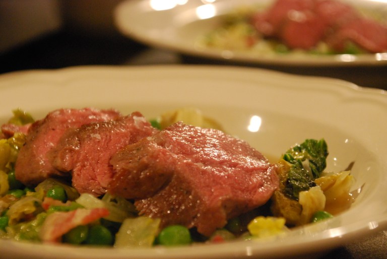 Sous Vide Lamb Loin with Braised Lettuce and a Mint, Garden Pea and Lardon Broth (3).JPG